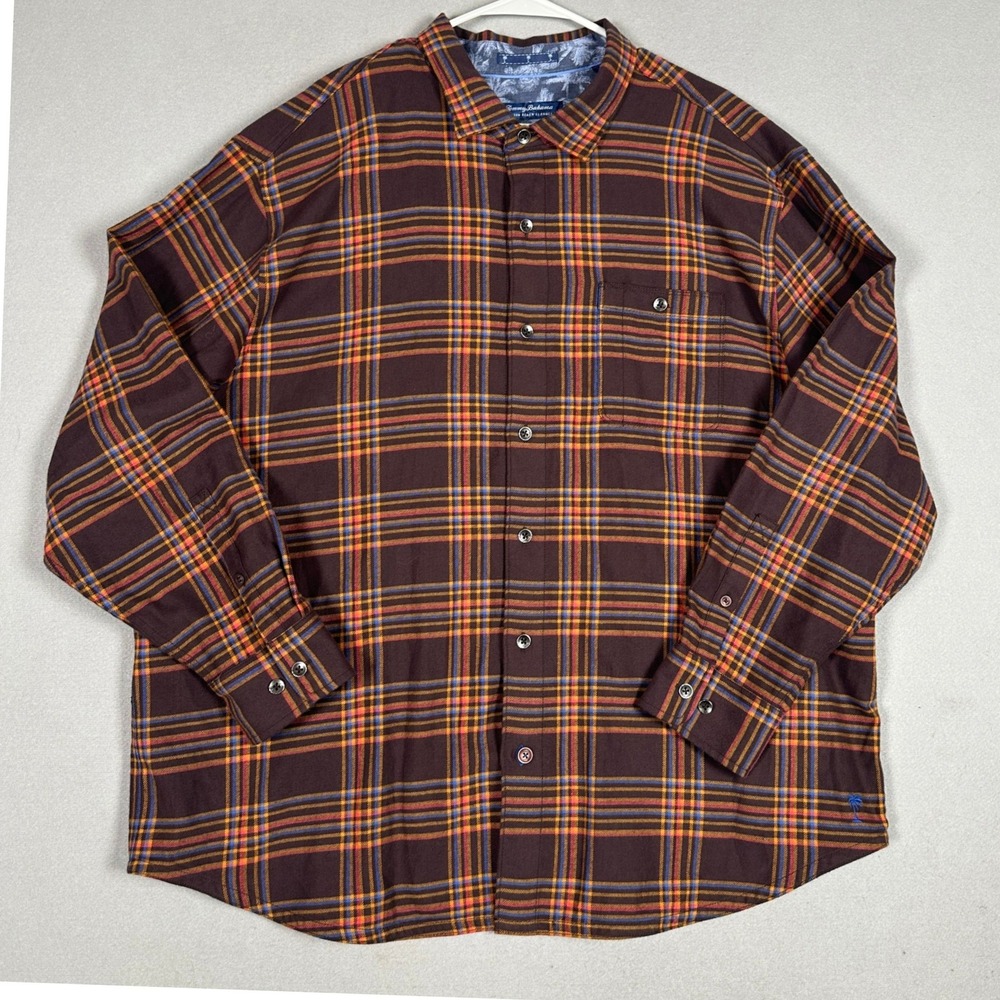 Tommy Bahama Shirt Mens 2XLB Big Canyon Beach Flannel Brown Plaid Button Down